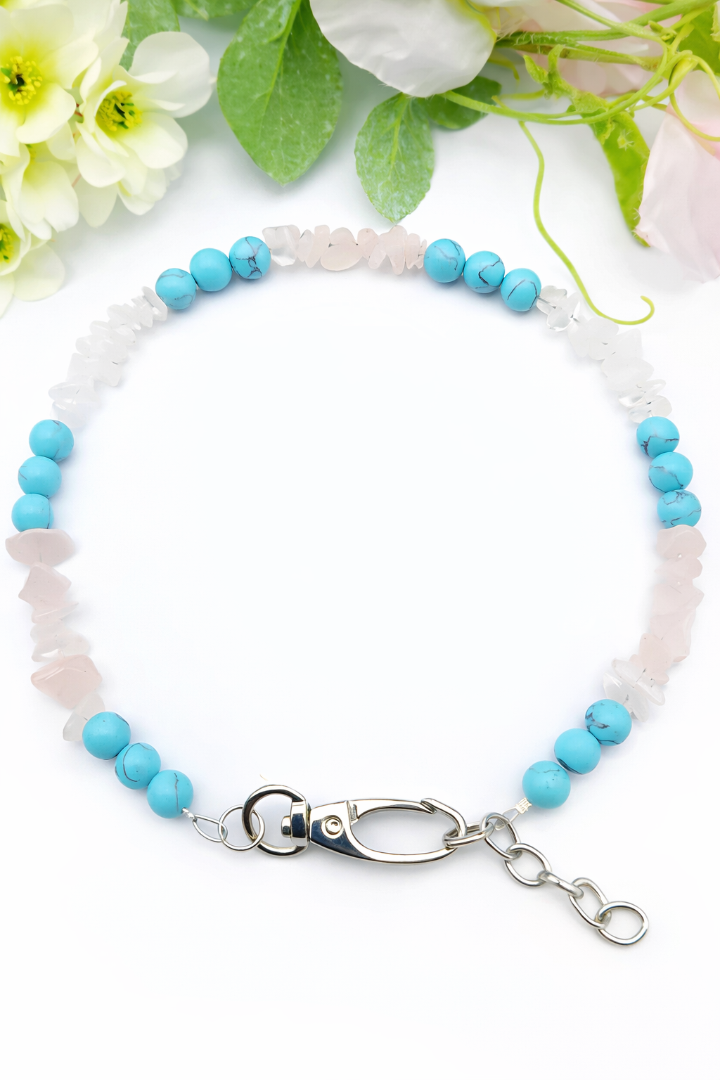 Edelstein Halsband aus Bergkristall-, Rosenquarz-, Türkisperlen