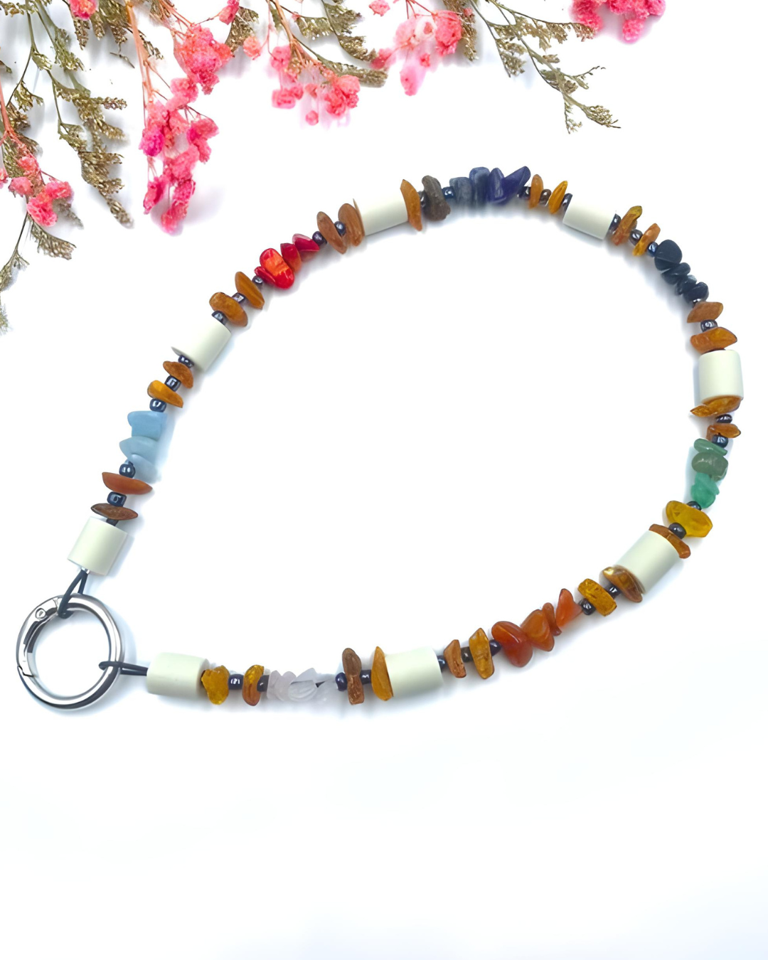 Zeckenhalsband EM Keramik mit Bernstein, Aquamarin, Koralle, Lapislazuli, Turmalin, schwarzer Aventurin, Karneol und Rosenquarz