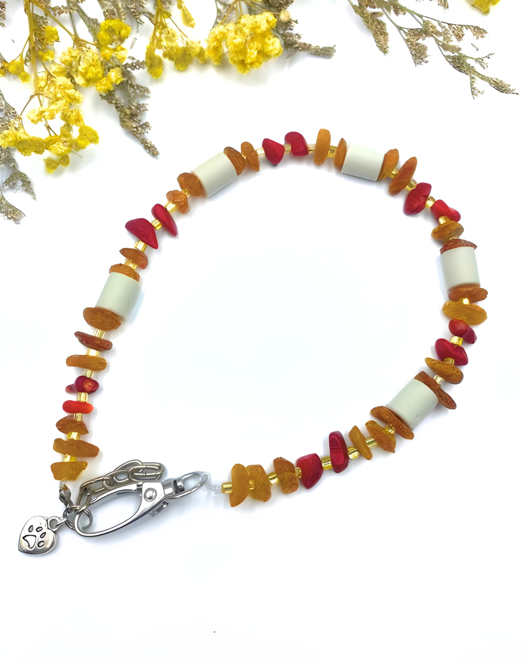 Zeckenhalsband EM Keramik mit Koralle und Bernstein