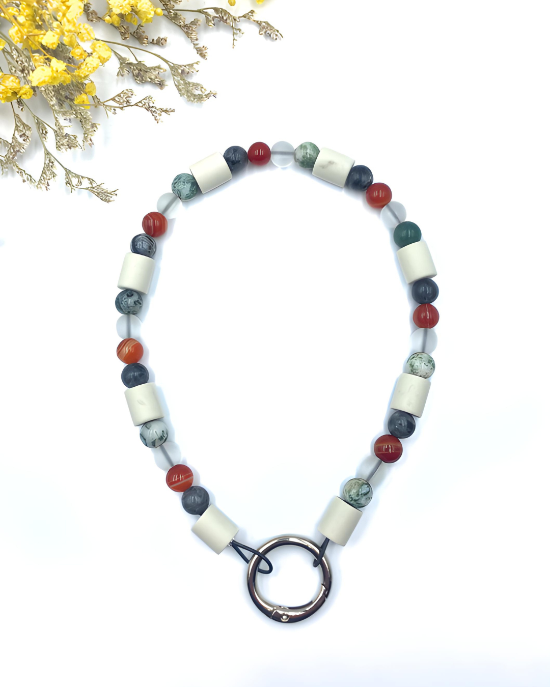 Zeckenhalsband EM Keramik mit Moosachat, Streifenachat, Bergkristall und Labradorit