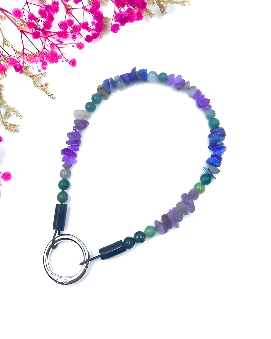 Gemstone chip necklace made of rock crystal, rose quartz and lava stone