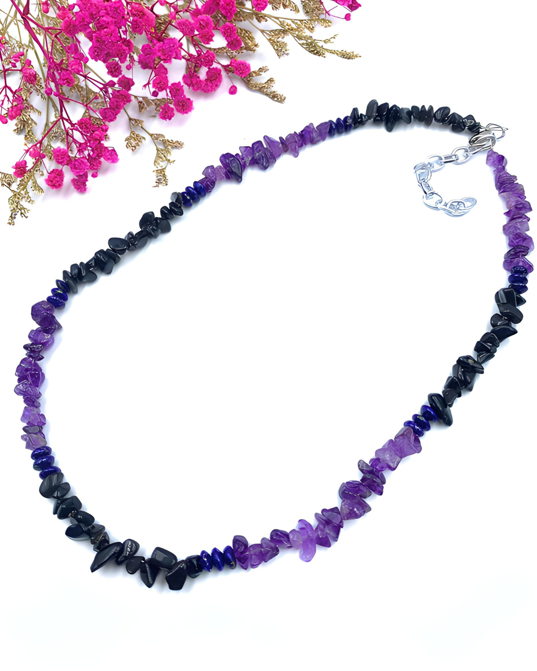 Gemstone chip necklace made of rock crystal, rose quartz and lava stone
