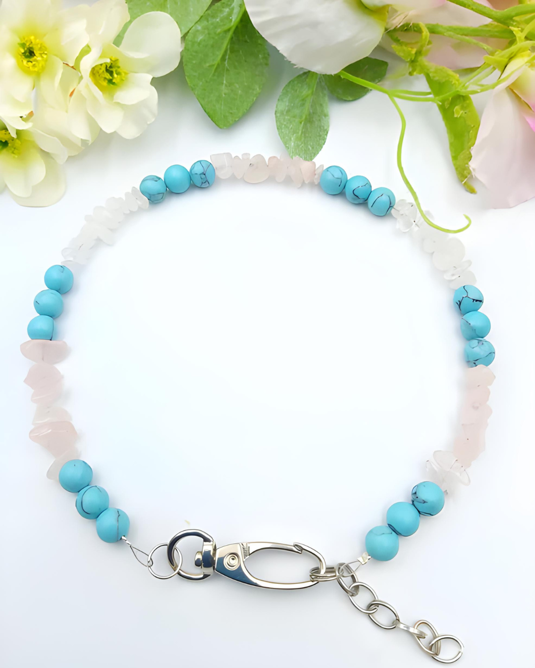 Gemstone necklace made of rock crystal, rose quartz, turquoise beads
