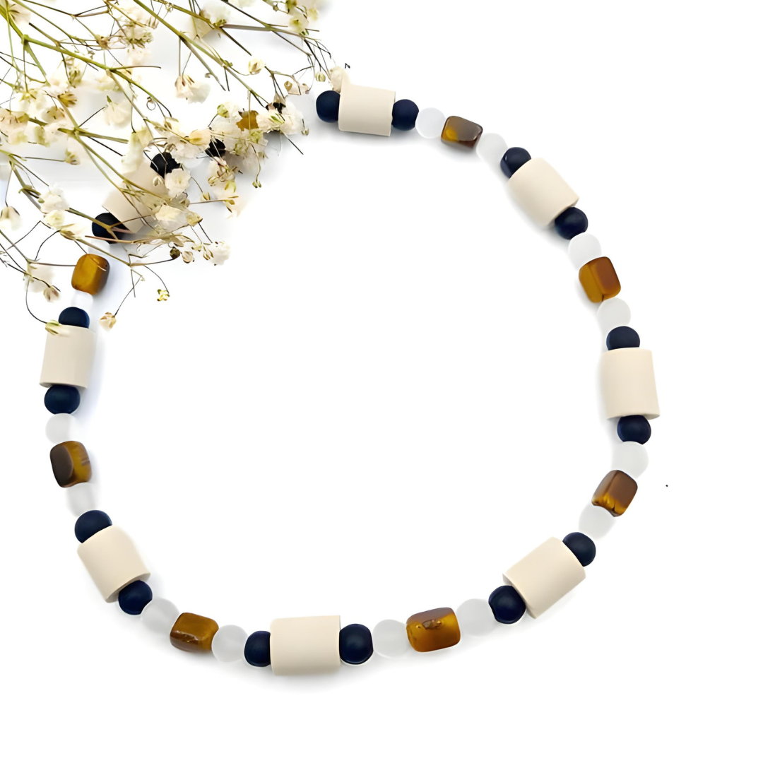 Zeckenhalsband EM Keramik mit Onyx, Tigerauge und Bergkristall