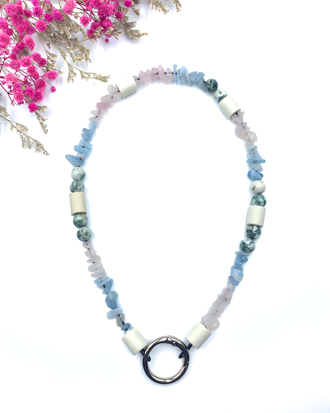 Gemstone chip necklace made of rock crystal, rose quartz and lava stone