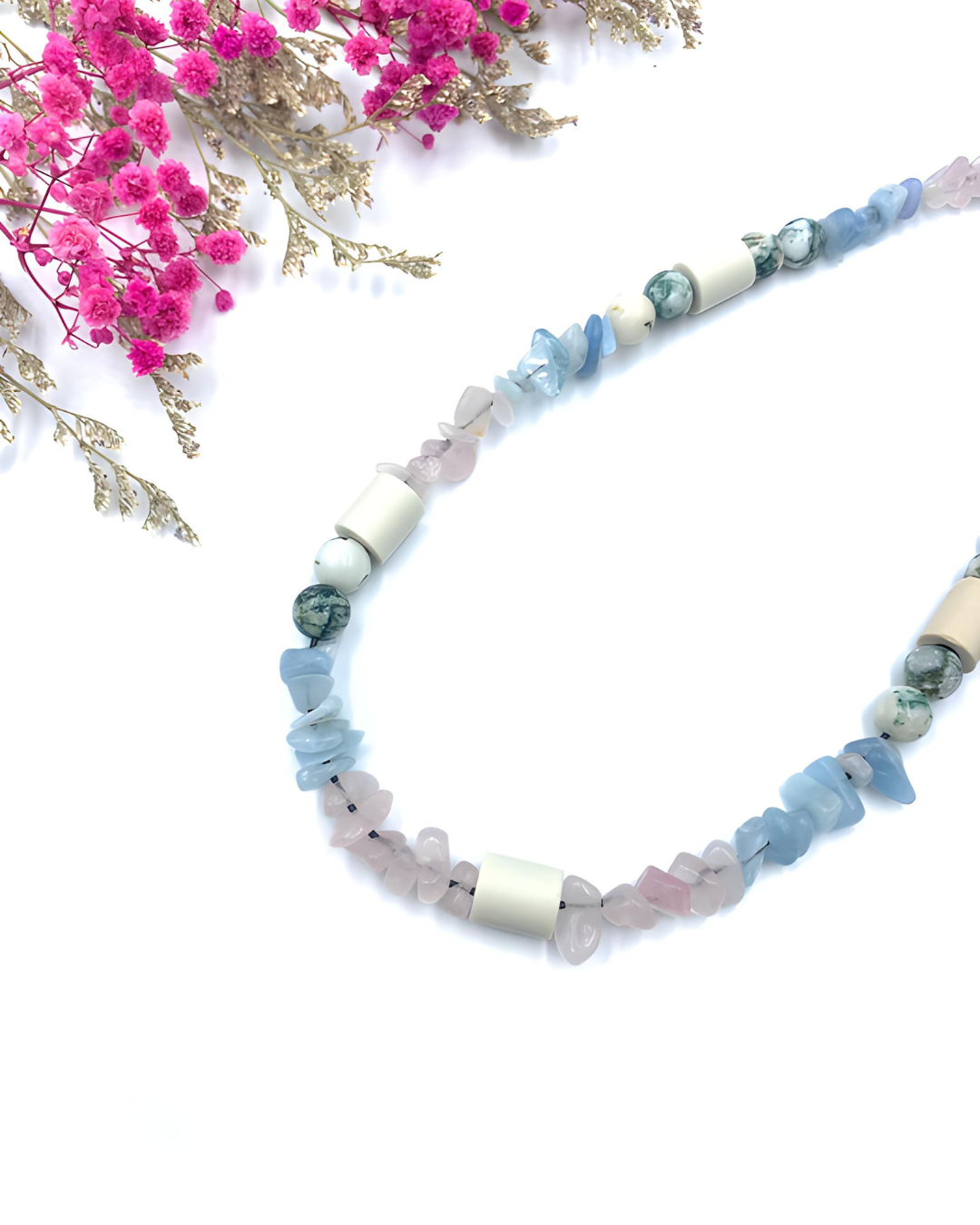 Gemstone chip necklace made of rock crystal, rose quartz and lava stone