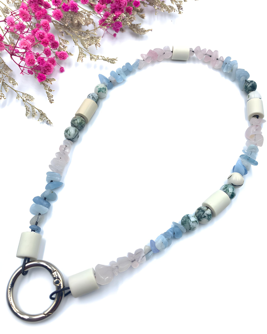 Gemstone chip necklace made of rock crystal, rose quartz and lava stone