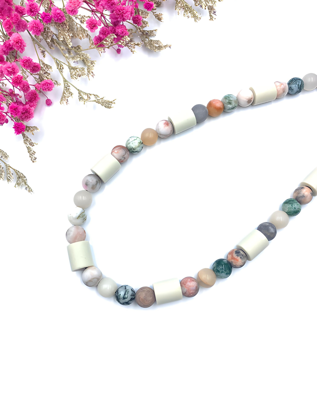 Zeckenhalsband EM-Keramik mit Zebrajaspis, Moosachat und Calcit