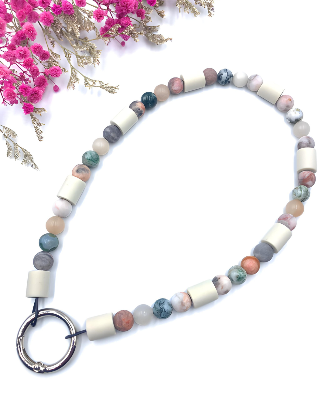 Gemstone chip necklace made of rock crystal, rose quartz and lava stone