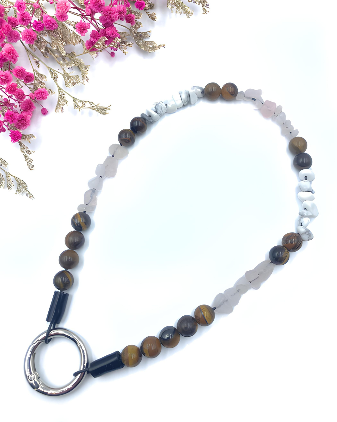 Gemstone necklace made of rock crystal, tiger eye, hematite beads