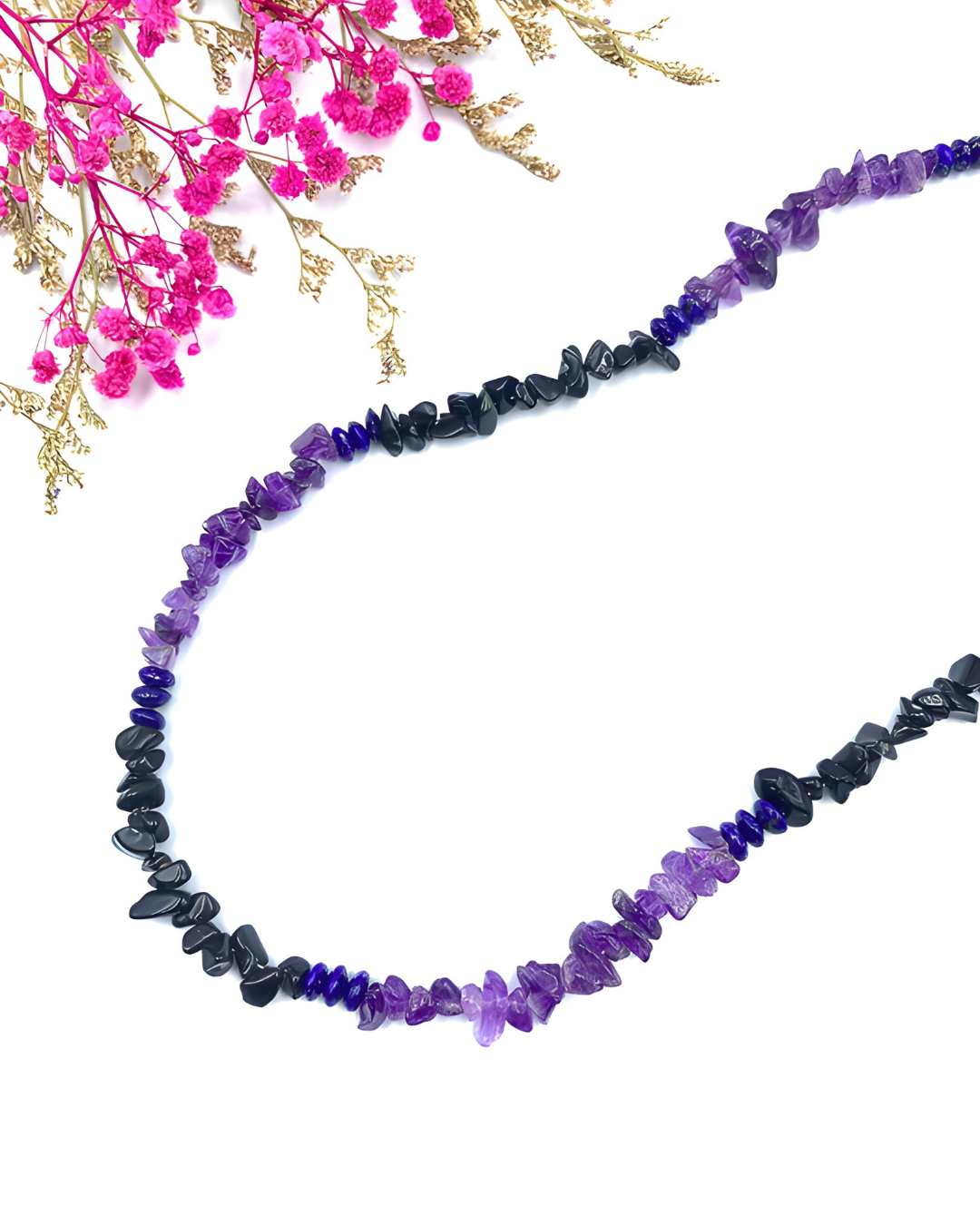 Gemstone chip necklace made of rock crystal, rose quartz and lava stone
