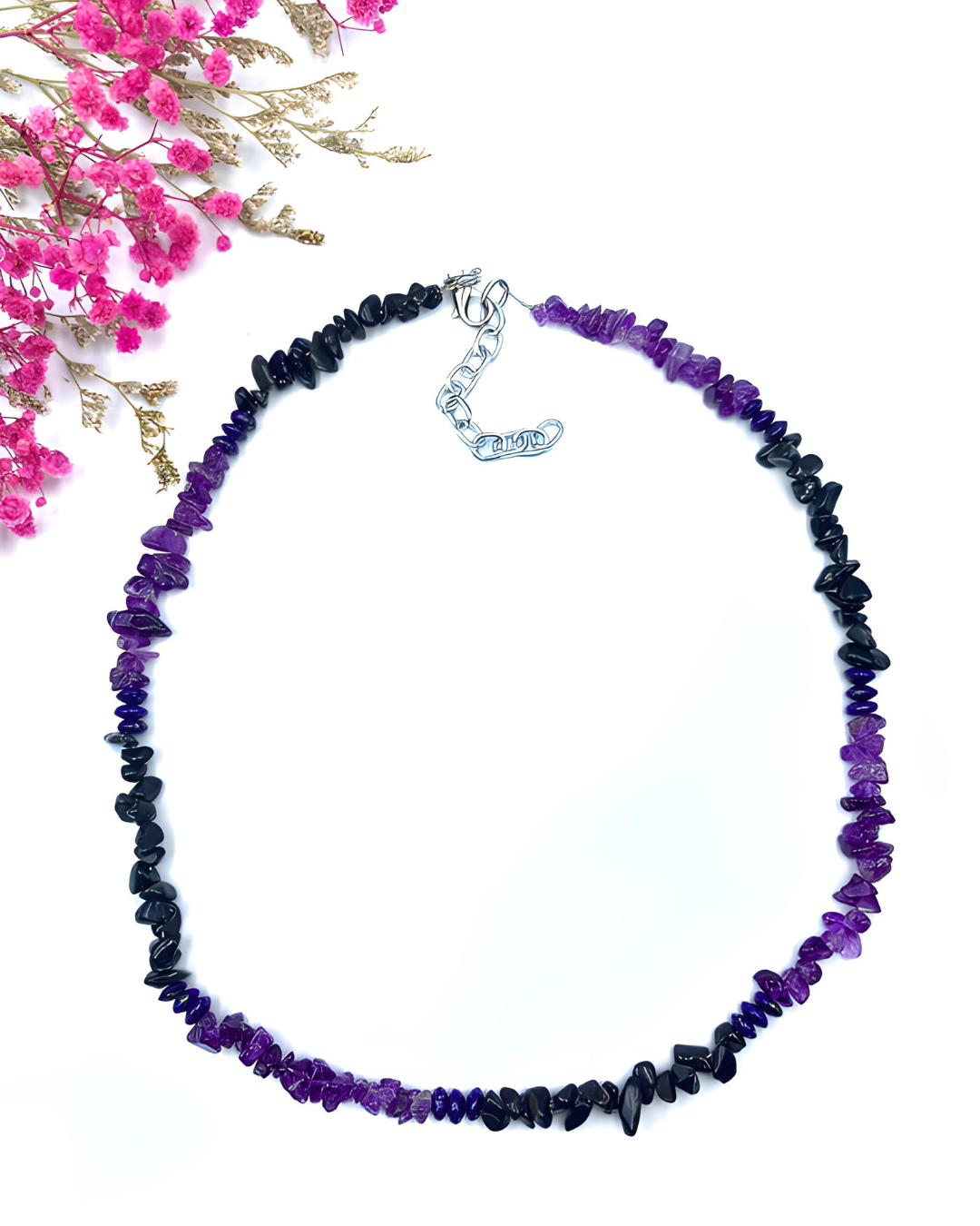 Gemstone chip necklace made of rock crystal, rose quartz and lava stone