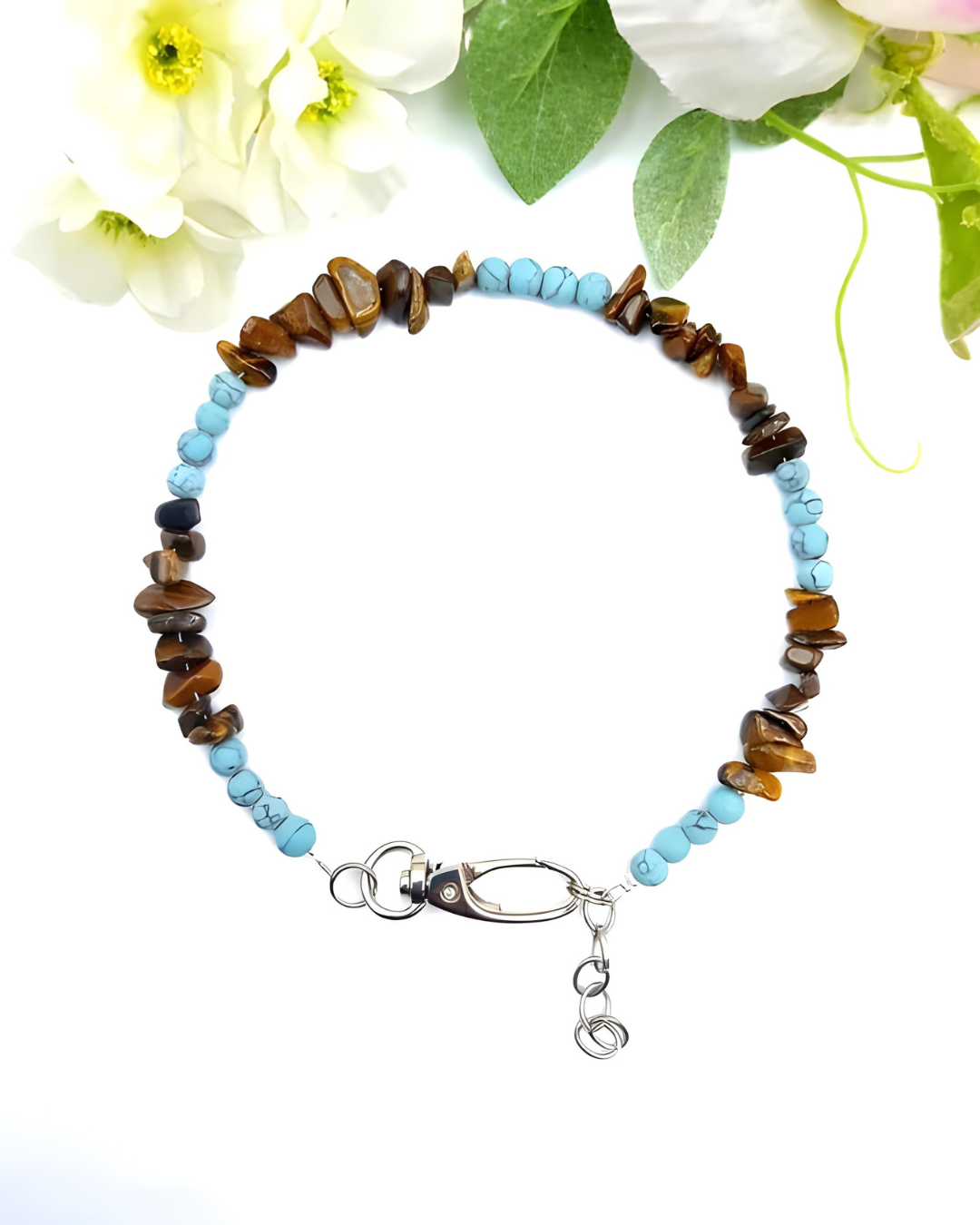 Gemstone necklace made of rock crystal, rose quartz, turquoise beads