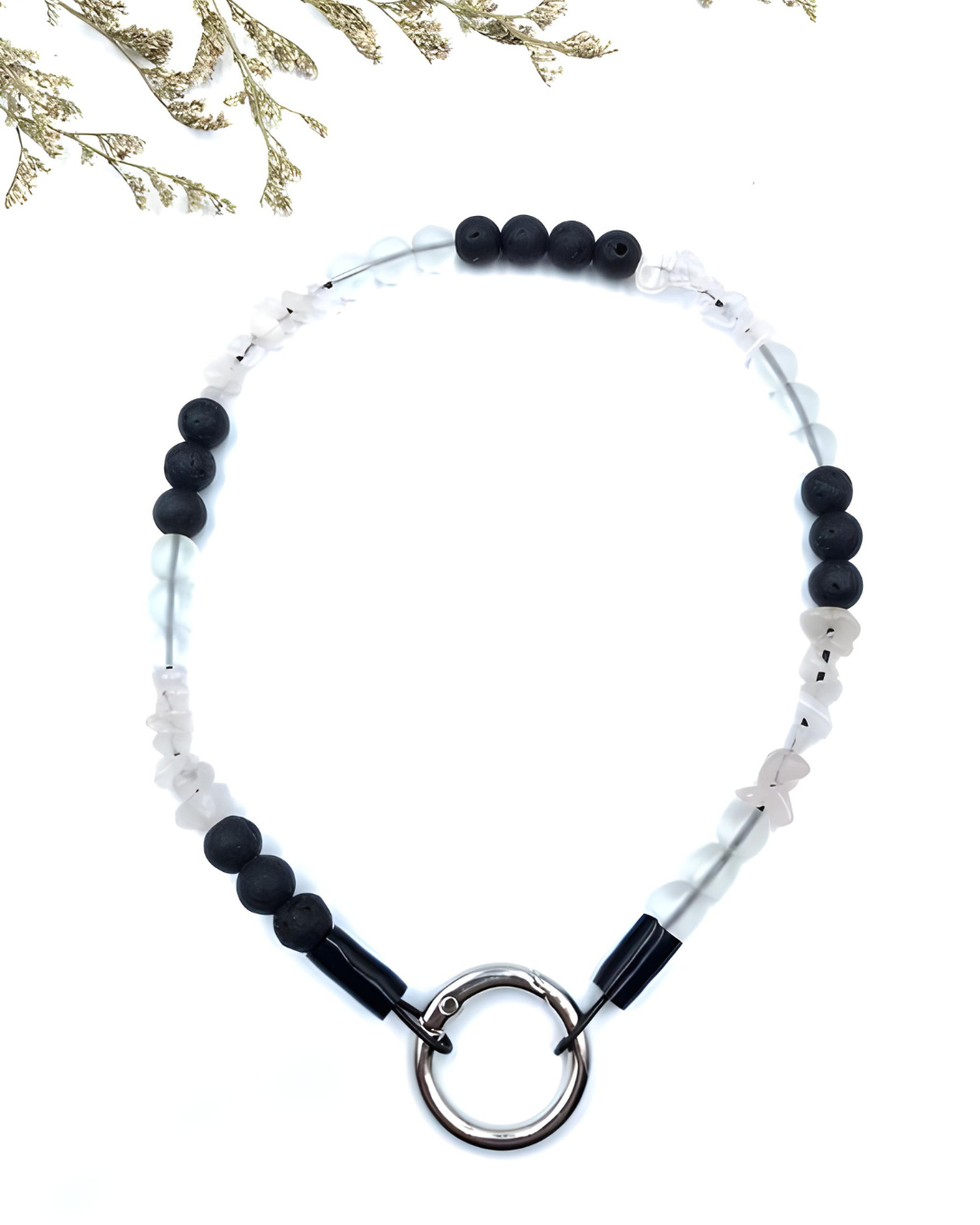 Edelsteinsplitter Halsband aus Bergkristall, Rosenquarz und Lavastein