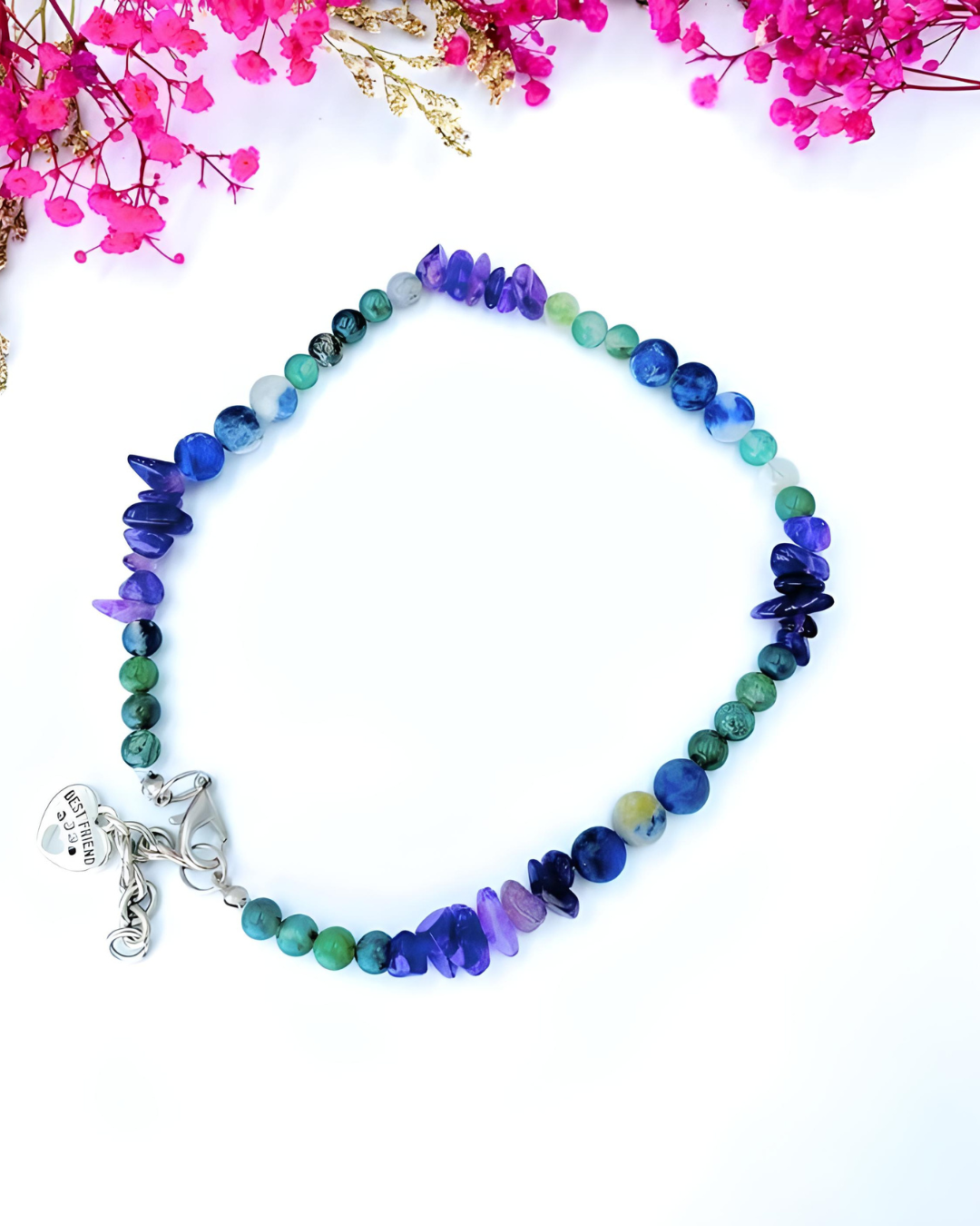 Edelsteinsplitter Halsband aus Amethyst, Moosachat und Sodalith