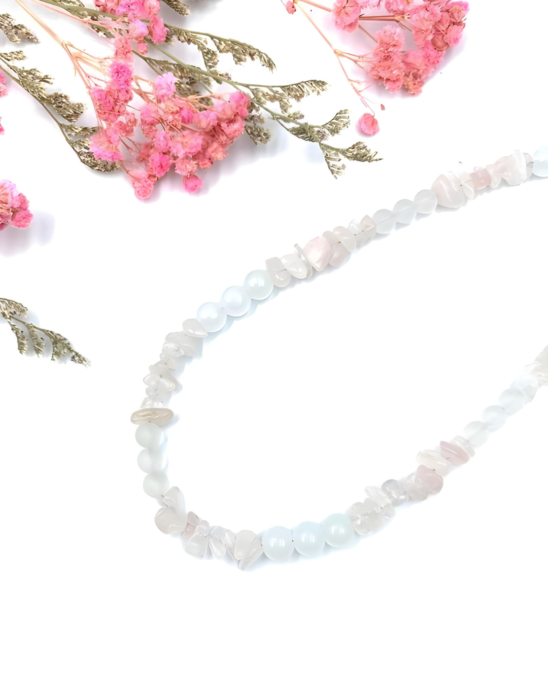 Gemstone necklace made of rock crystal, rose quartz, jade beads