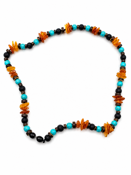 Halsband EM Keramik mit Bernstein, Ozeanjaspis, Türkis und Kokosperlen