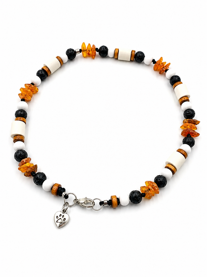 Halsband EM Keramik mit Bernstein, Lavastein und Holzelemente