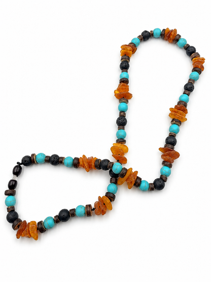Halsband EM Keramik mit Bernstein, Ozeanjaspis, Türkis und Kokosperlen
