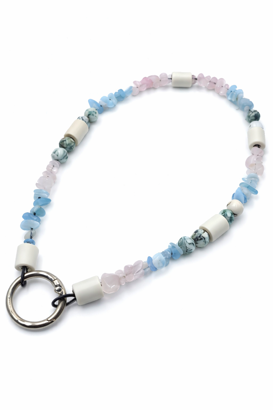 Halsband EM Keramik mit Rosenquarz, Aquamarin und Baumachat