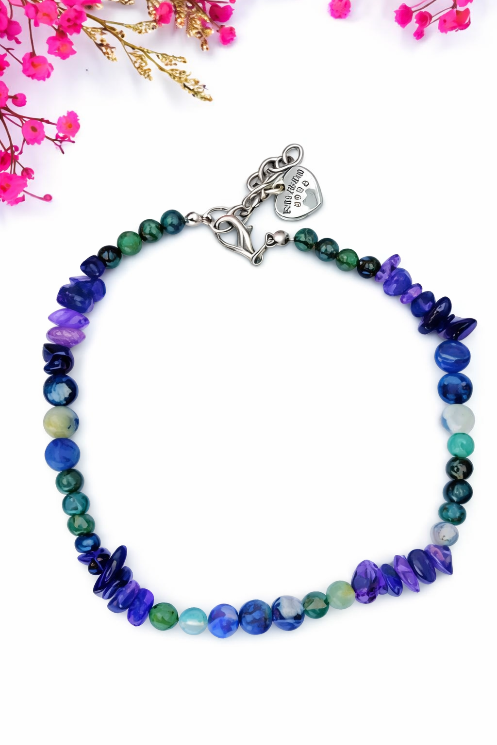 Edelsteinsplitter Halsband aus Amethyst, Moosachat und Sodalith