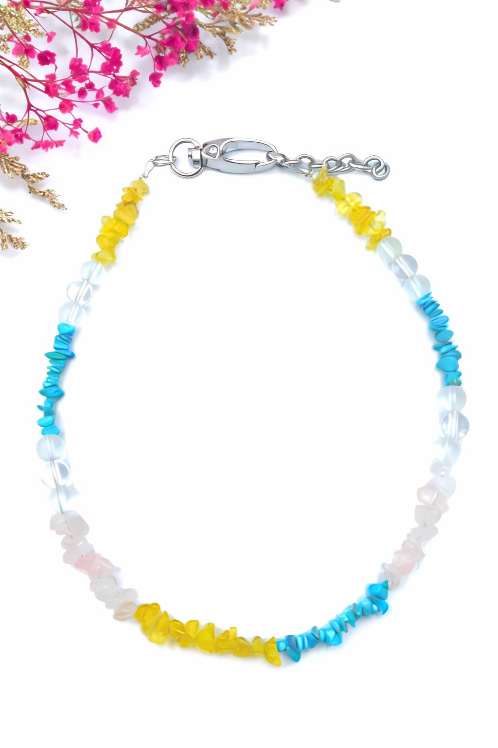 Edelsteinsplitter Halsband aus Citrin, Bergkristall, Türkis und Rosenquarz