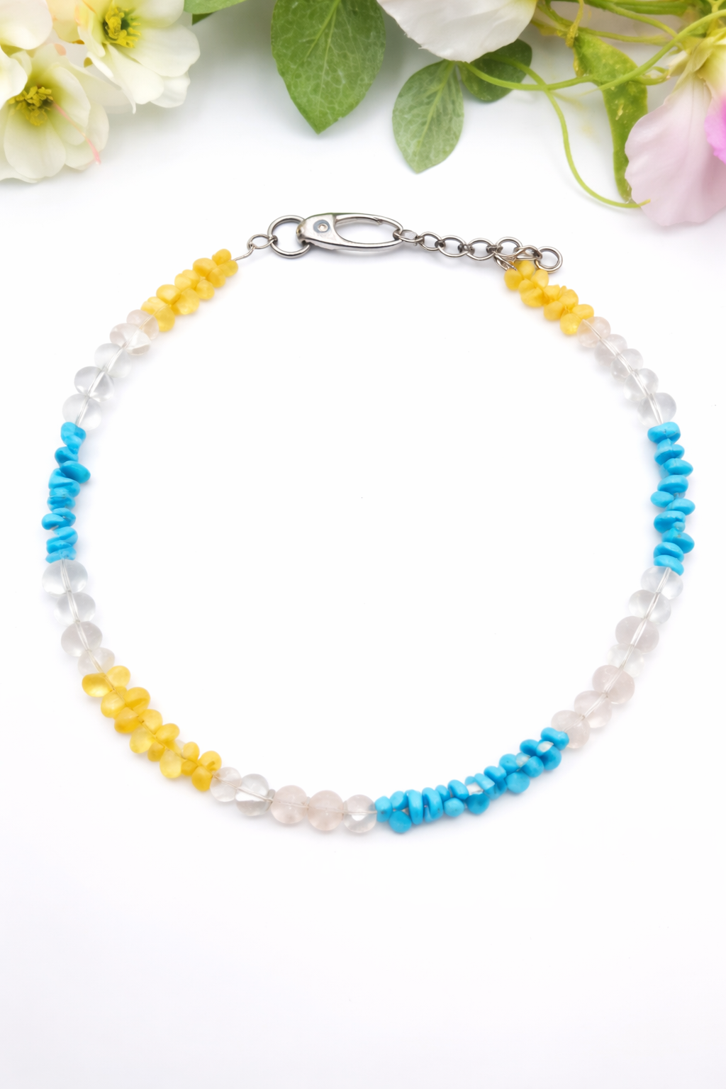 Edelsteinsplitter Halsband aus Citrin, Bergkristall, Türkis und Rosenquarz