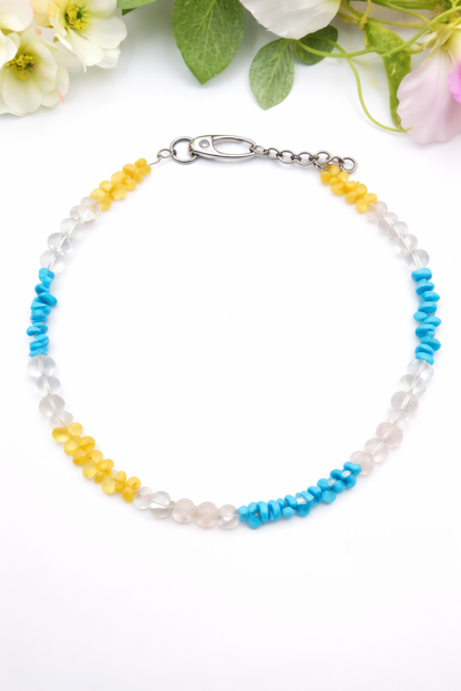 Edelsteinsplitter Halsband aus Citrin, Bergkristall, Türkis und Rosenquarz