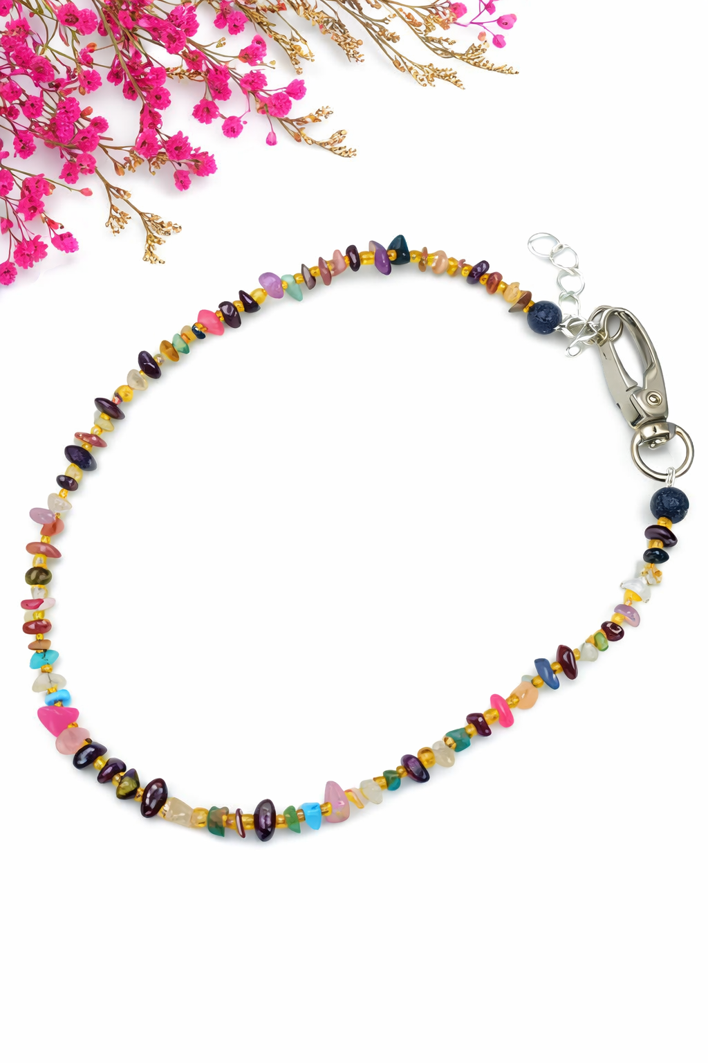 Edelsteinsplitter Halsband aus Türkis, Granat, Amethyst, Karneol, Rosenquarz und Bernstein
