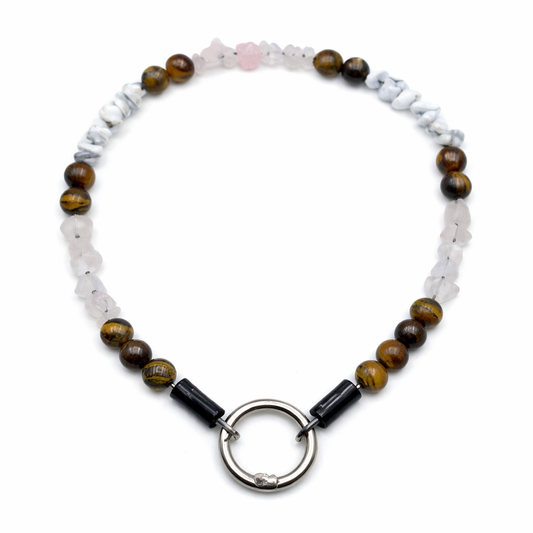 Edelstein Halsband mit Tigerauge, Rosenquarz und Magnesit