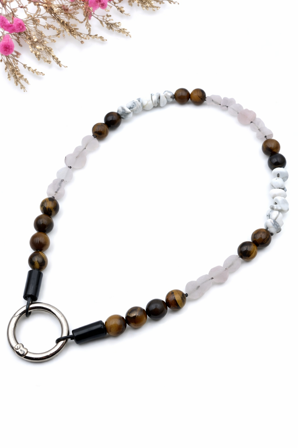 Gemstone necklace made of rock crystal, tiger eye, hematite beads