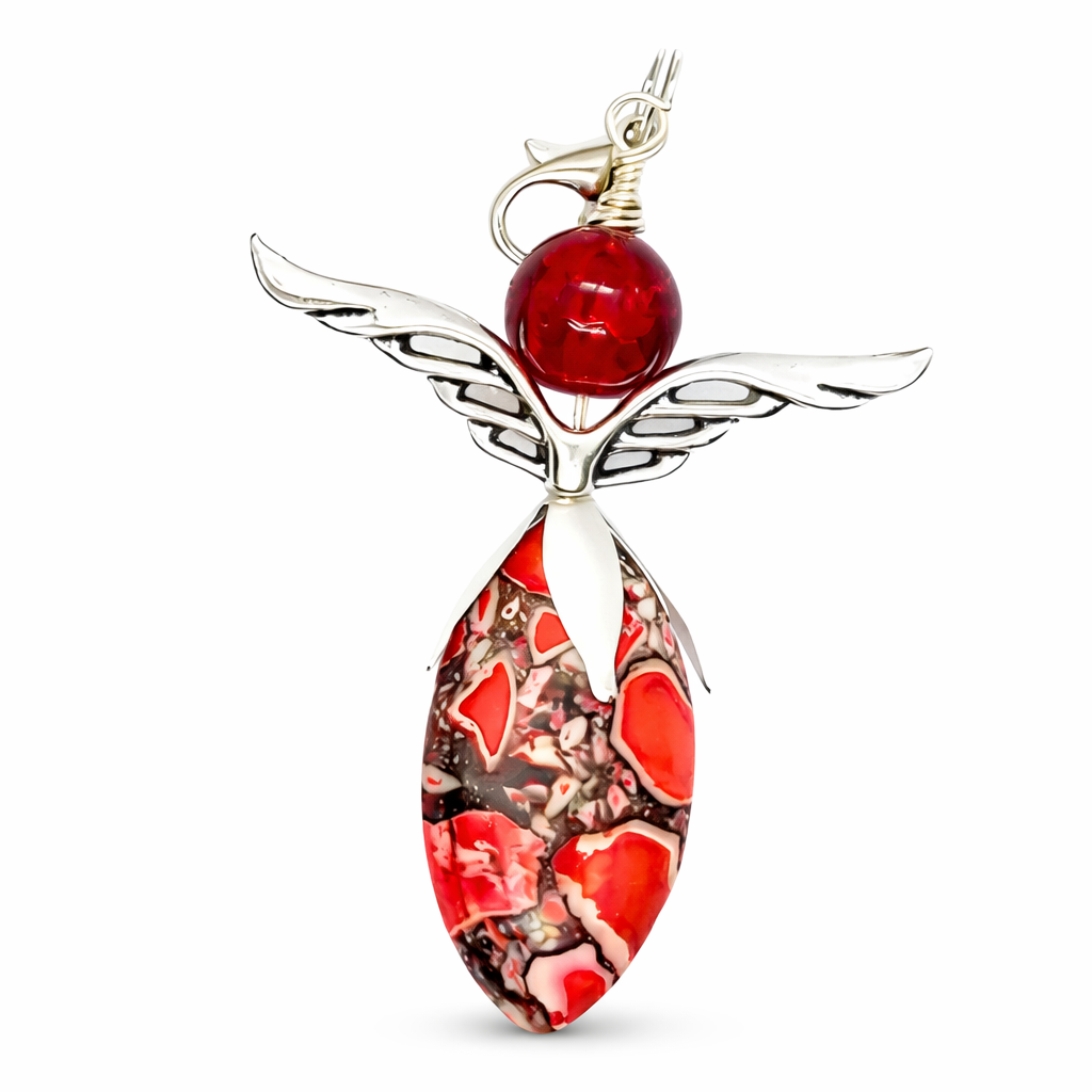 Angel pendant made of marbled natural stone beads