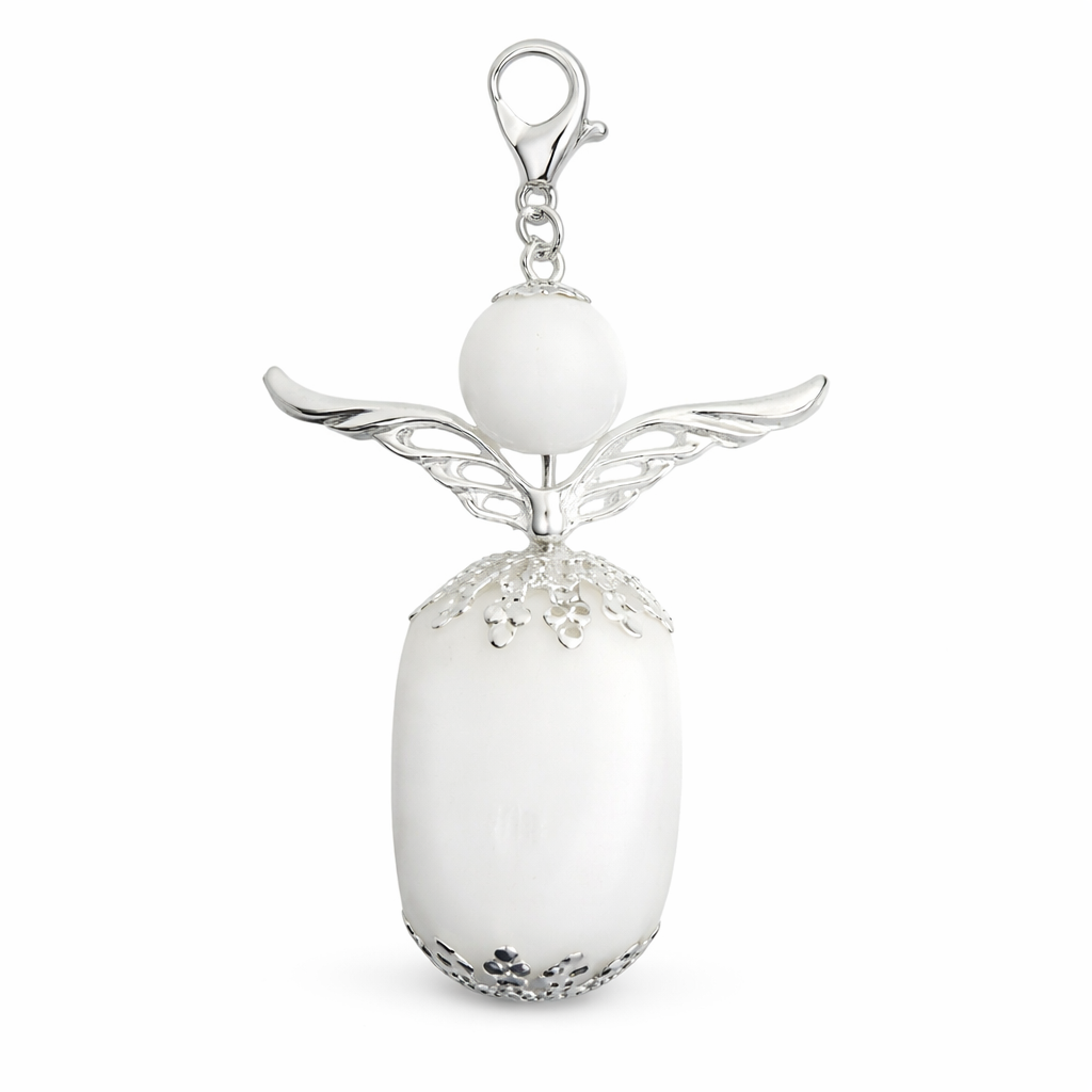 Angel pendant made of snow quartz and coral