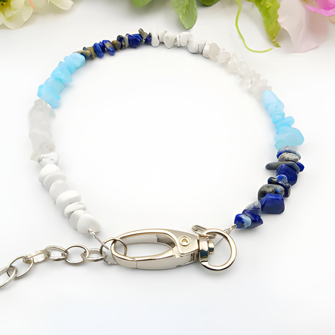 Edelsteinsplitter Halsband aus Aquamarin, Magnesit, Lapislazuli und Bergkristall