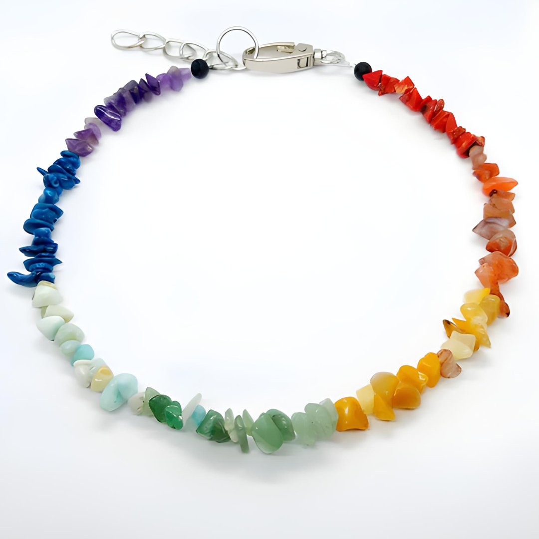 Gemstone chip necklace made of amethyst, mother of pearl, amazonite, aventurine, calcite, carnelian, coral