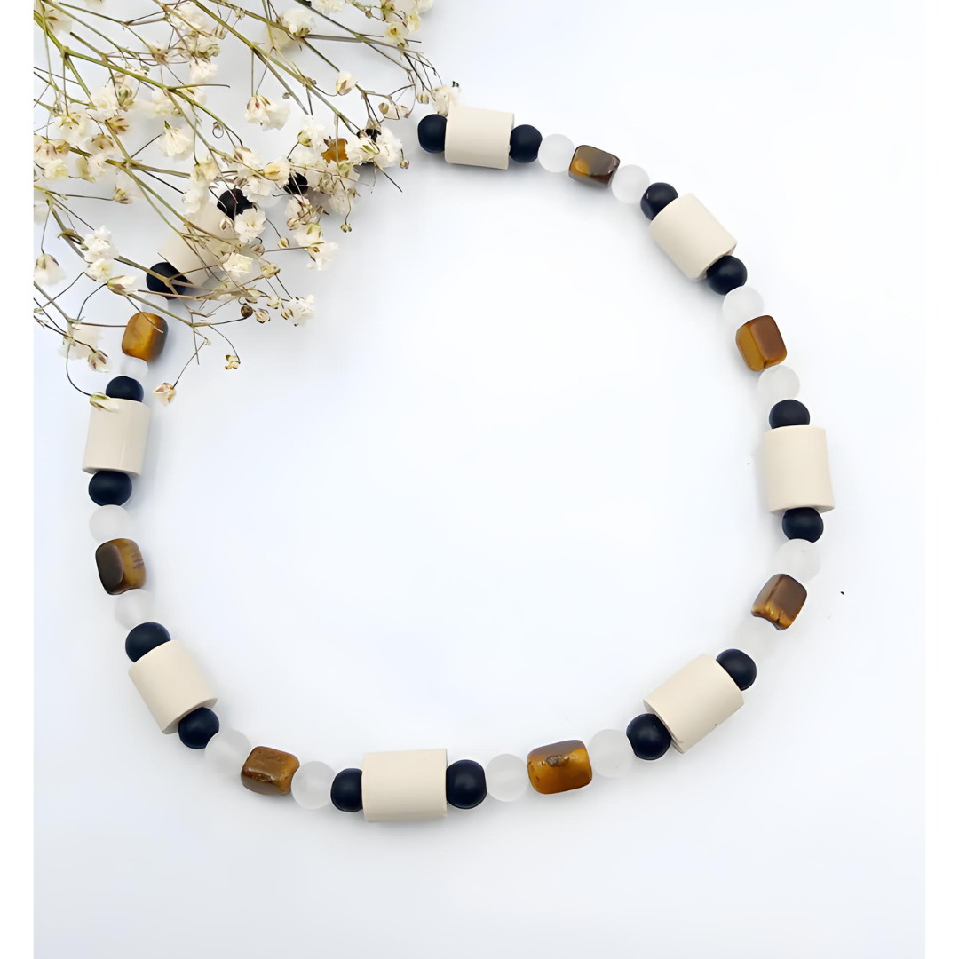 EM Keramik Halsband mit Onyx, Tigerauge und Bergkristall