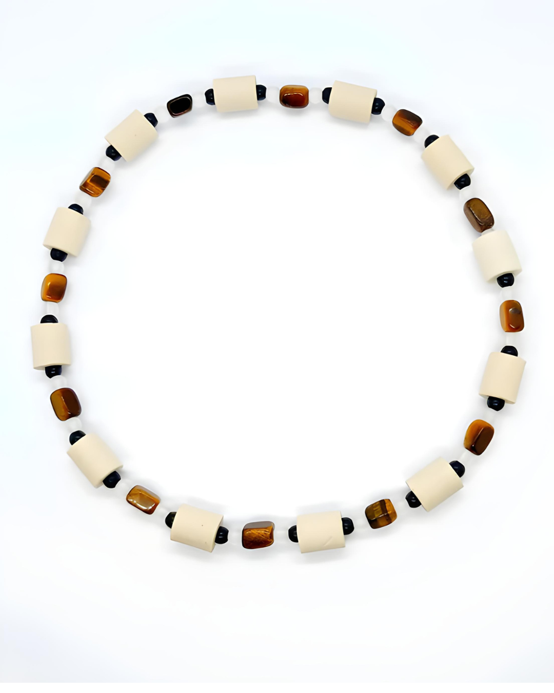 EM Keramik Halsband mit Onyx, Tigerauge und Bergkristall