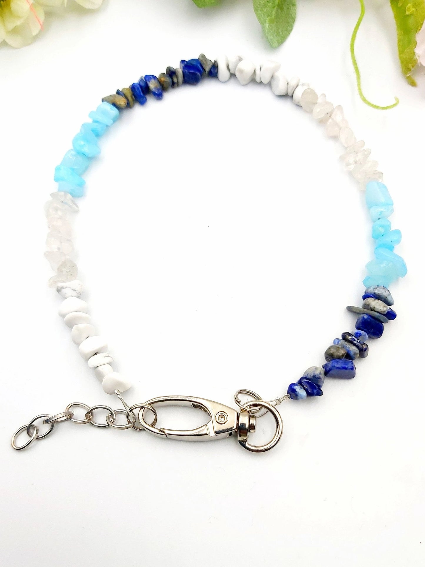 Edelsteinsplitter Halsband aus Aquamarin, Magnesit, Lapislazuli und Bergkristall